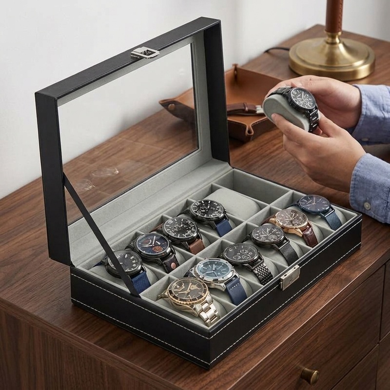 Watch Display Case Glass Top 12 Slots - กล่องใส่นาฬิกาทำจากหนัง PU มีช่องใส่ 2/3/4/5/6/8/10/12 ช่อง พร้อมฝากระจก