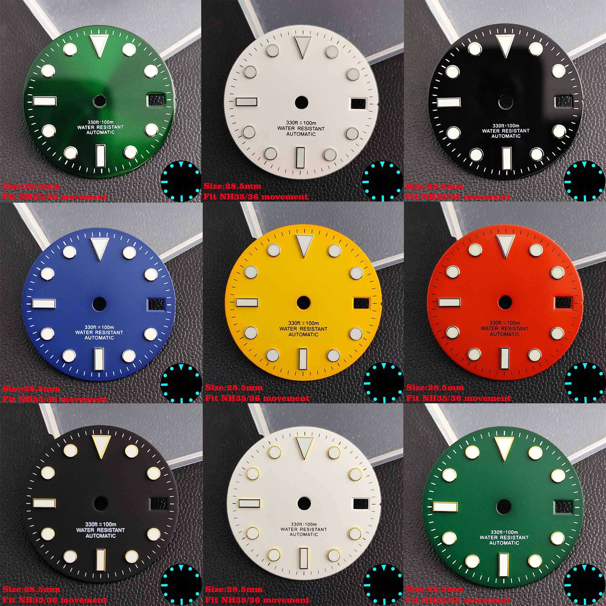 Watch Dial Custom Sterile 28.5Mm - หน้าปัดขนาด 28.5 มม. เหมาะสำหรับ NH35/36 หน้าปัดเรืองแสงสีน้ำเงิน-เขียวแบบไม่มีโลโก้