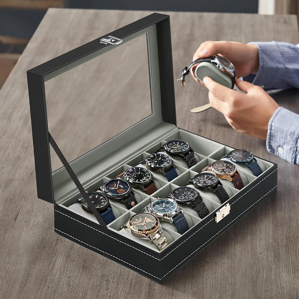 Watch Display Case Glass Top 12 Slots - กล่องนาฬิกาหนัง PU 2/3/4/5/6/8/10/12 ช่องนาฬิกาสําหรับชายเครื่องประดับกล่องแก้วสําหรับของขวัญ