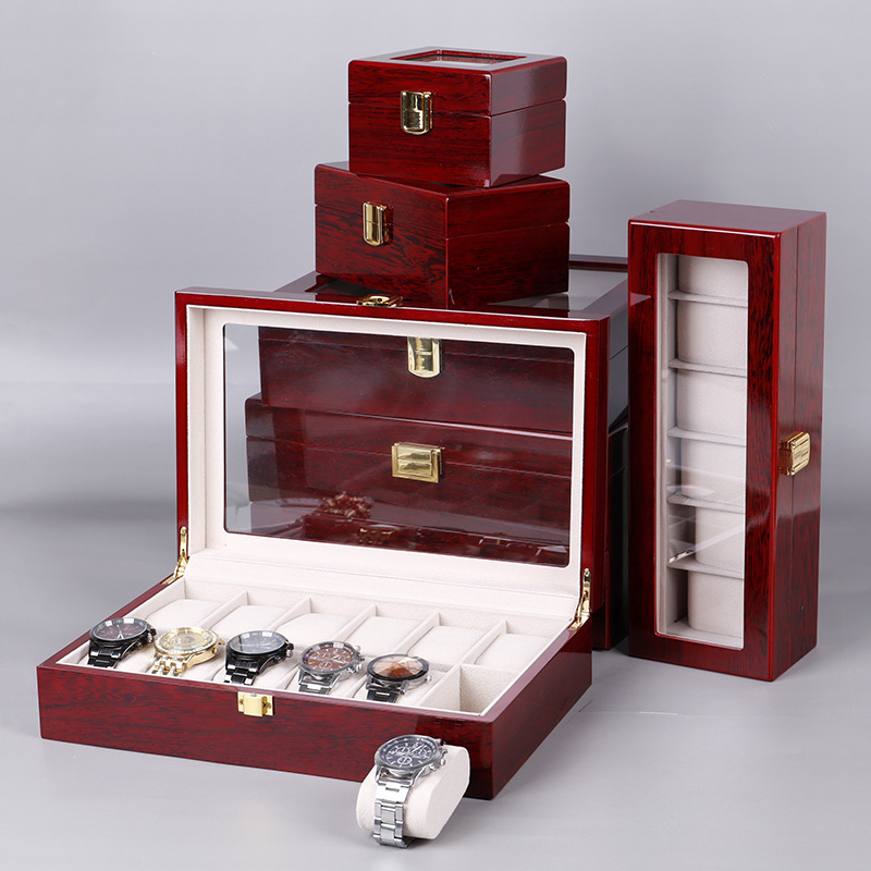 Watch Display Case Glass Top 12 Slots - กล่องใส่นาฬิกา2/3/5/6/10/12ช่องกล่องจัดเปียโนสีแดงพร้อมกล่องจัดเก็บเครื่องประดับไม้สีแดงแก้วสำหรับผู้ชายกล่องใส่นาฬิกาด้านบน