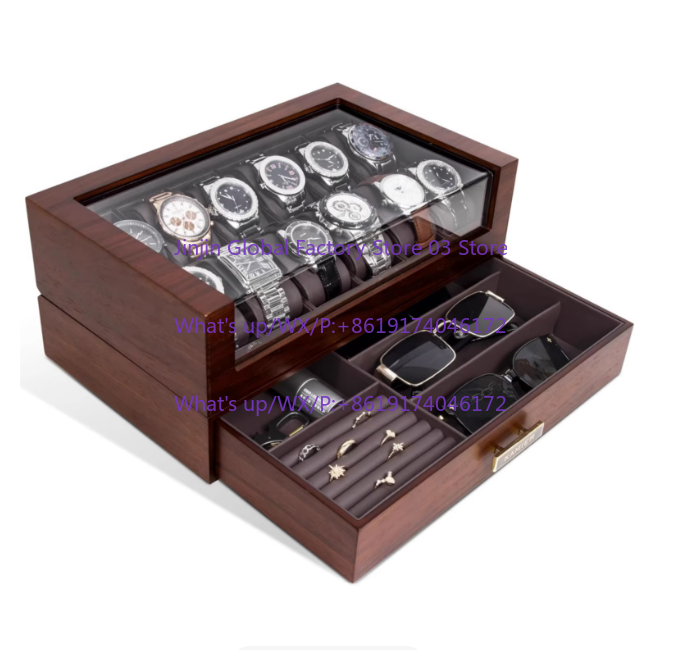 Watch Display Case Glass Top 12 Slots - กล่องนาฬิกาไม้ 12 ช่องพร้อมฝาแก้ว, กล่องโชว์นาฬิกาหรู 2 ชั้นสำหรับผู้ชายและผู้หญิง,