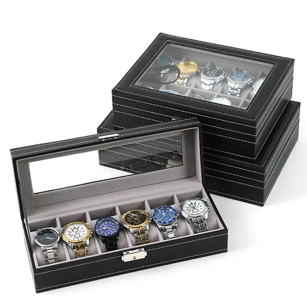 Watch Display Case Glass Top 12 Slots - กล่องใส่นาฬิกาหนัง PU แบบ 2/3/4/5/6/8/10/12 ช่อง กล่องโชว์นาฬิกาสำหรับผู้ชาย