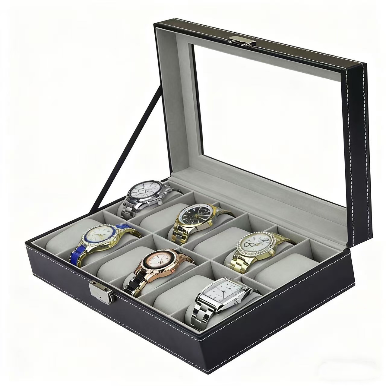Watch Display Case Glass Top 12 Slots - กล่องใส่นาฬิกาหนัง PU 6/10/12 ช่อง กล่องโชว์นาฬิกาสำหรับผู้ชาย กล่องเก็บเครื่องประดับพร้อมฝาแก้วสำหรับเป็นของขวัญ