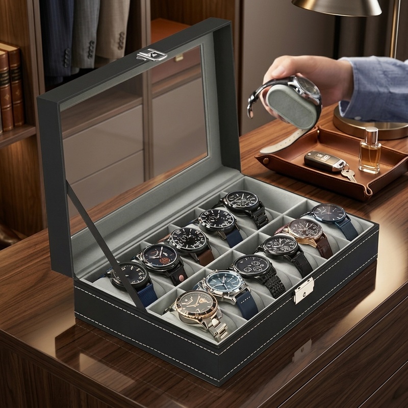 Watch Display Case Glass Top 12 Slots - กล่องใส่และจัดเก็บนาฬิกาทำจากหนัง PU มีช่องใส่ 2/3/4/5/6/8/10/12 ช่อง พร้อมฝาปิดกระจก
