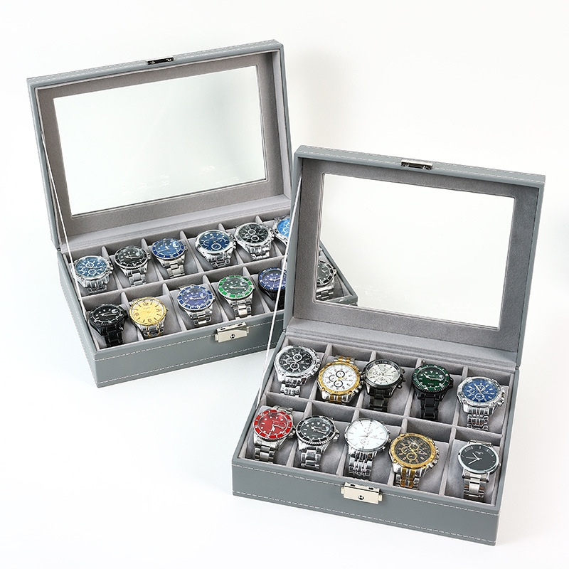 Watch Display Case Glass Top 12 Slots - กล่องใส่นาฬิกาหนัง PU 2/3/4/5/6/8/10/12 ช่อง กล่องโชว์นาฬิกาสำหรับผู้ชาย กล่องเก็บเครื่องประดับพร้อมฝากระจก