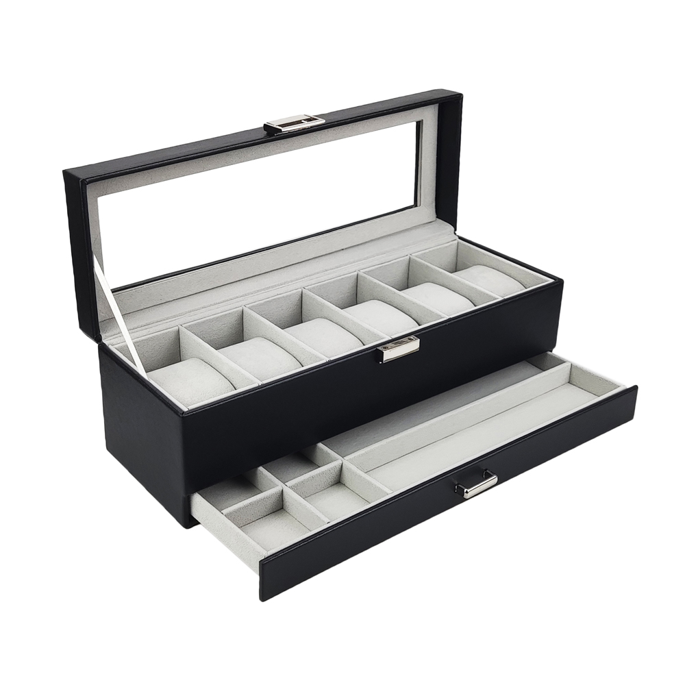 Watch Display Case Glass Top 12 Slots - กล่องเก็บนาฬิกาหนัง PU พร้อมฝากระจก ช่องใส่ สำหรับจัดแสดงและเก็บสะสม ขายดี