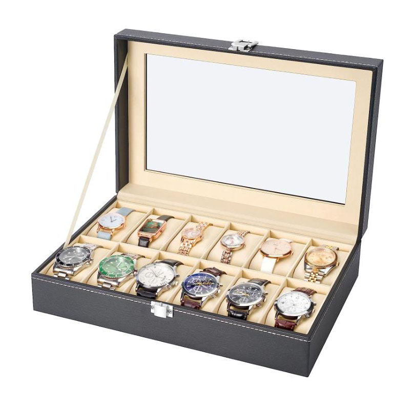 Watch Display Case Glass Top 12 Slots - กล่องใส่นาฬิกาหนัง PU 12 ช่อง พร้อมฝาแก้ว กล่องเก็บเครื่องประดับและนาฬิกา