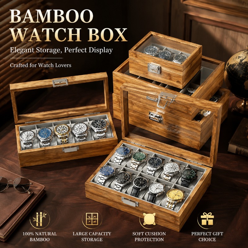 Watch Display Case Glass Top 12 Slots - กล่องใส่นาฬิกาไม้ไผ่พรีเมียม 3/6/10/12 ช่อง กล่องเก็บนาฬิกาข้อมือขนาดใหญ่ พร้อมฝาแก้ว